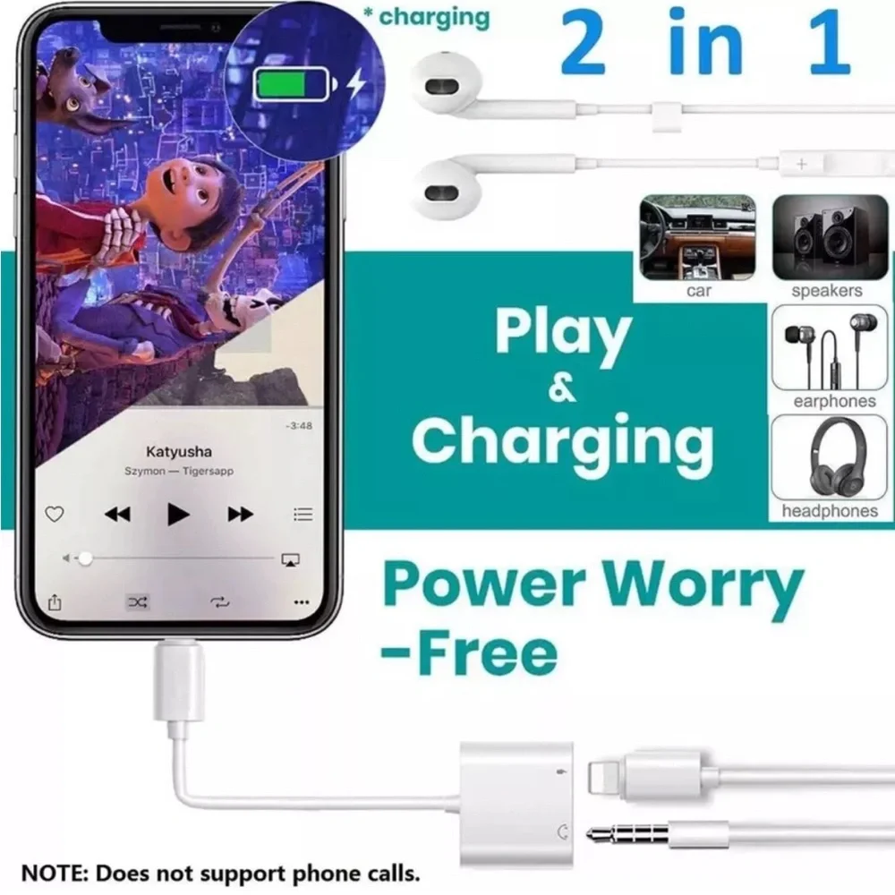Lightning to 3.5mm Headphone Jack Adapter And Charging Splitter For Apple iPhone